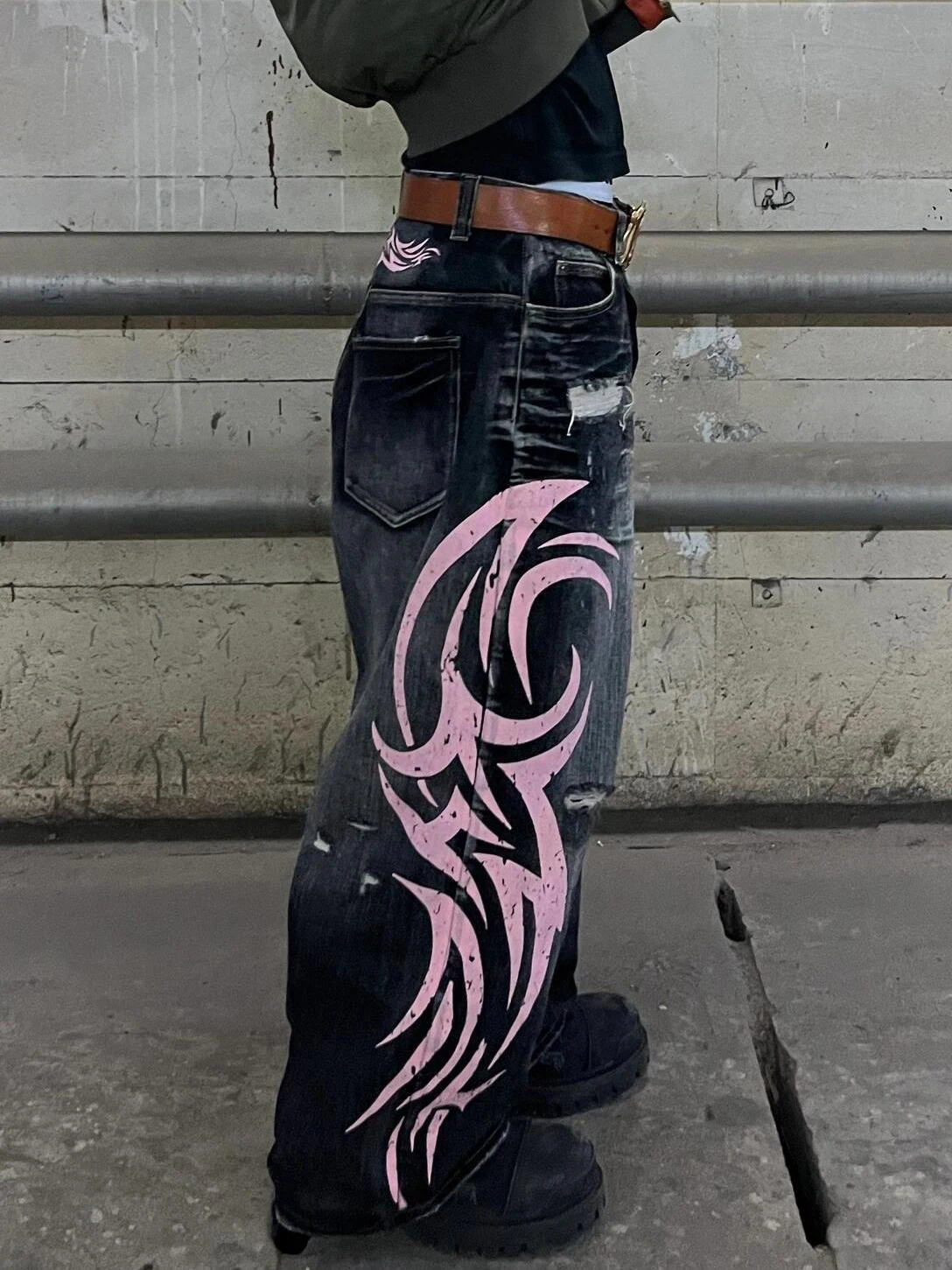 Men's Mottled Totem Print Jeans American Style Old Washed Wide Leg Retro Loose Fashion Trend Wide Leg Jeans Goth Pant Y2K Unisex
