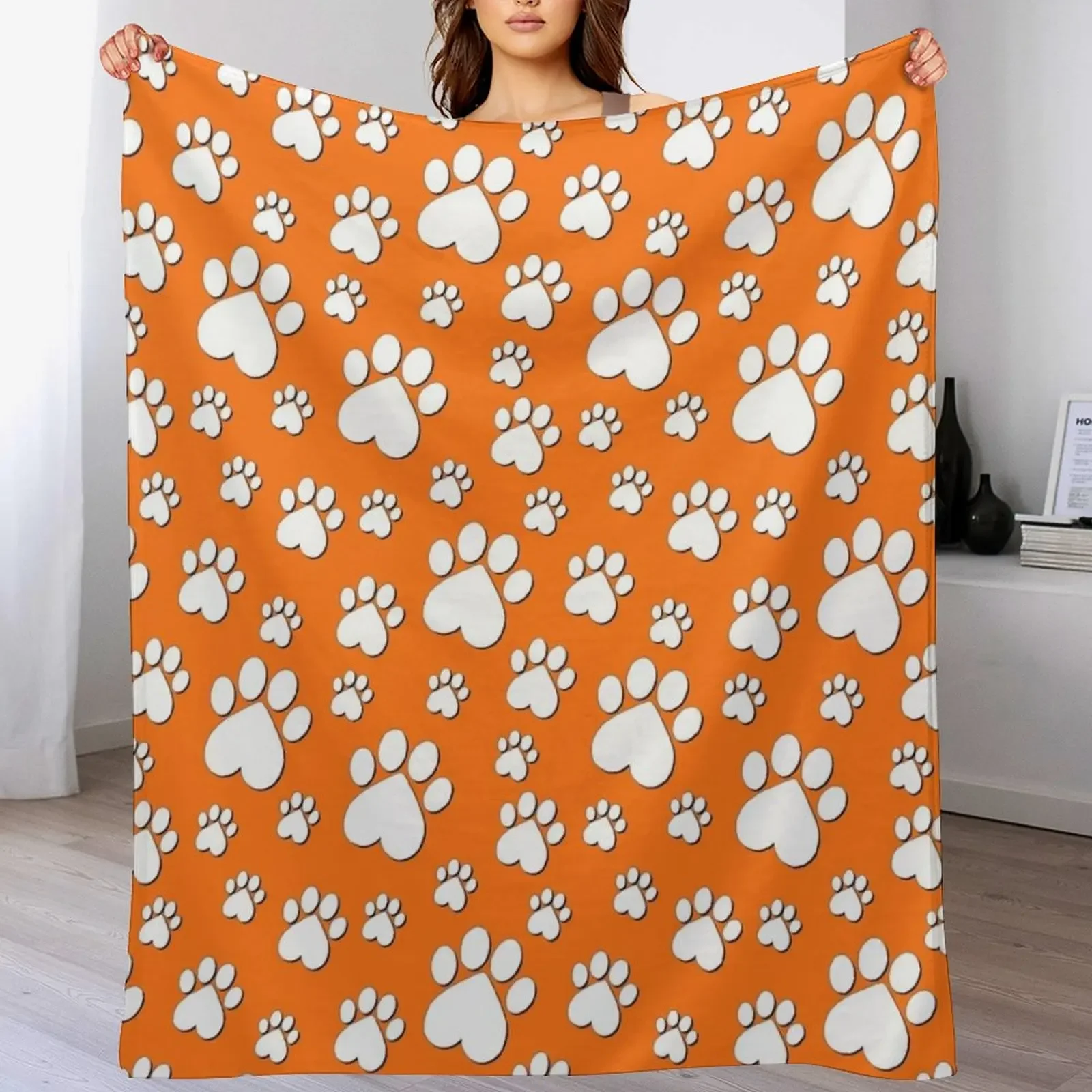 

Halloween White on Orange Paw Pattern - Heart Paws with Outline Throw Blanket Sleeping Bag Decorative Beds Blankets