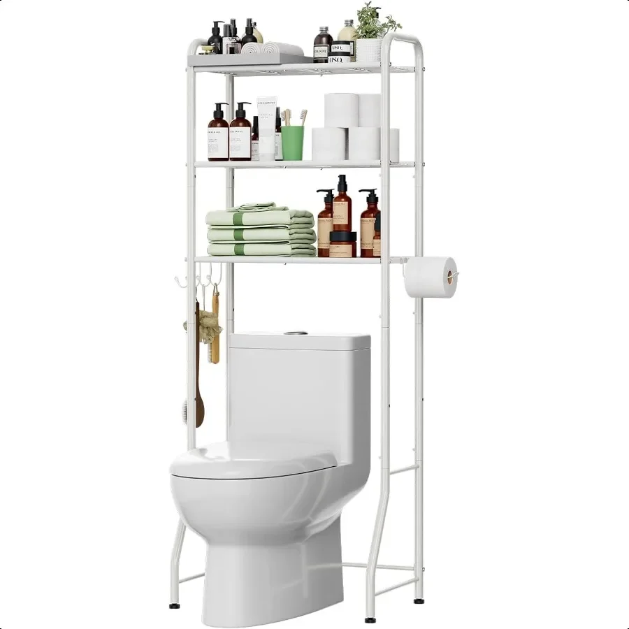 

Over The Toilet Storage Rack Metal 3 Tier Bathroom Organizer Shelf with Paper Holder and 3 Hooks White