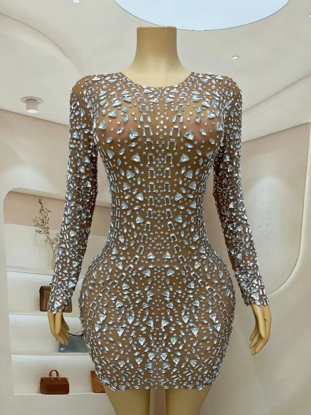 Sexy transparente Diamanten kurzes Kleid Geburtstag Abschluss feiern Kleid Tanz lange Ärmel Outfit Sänger Kostüm Sanji aosuo