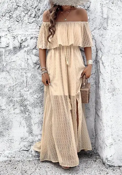 

Summer Women's Elegant One Collar Dress Solid Color Jacquard Pattern Waist Strap One Collar Off Shoulder A-Line Split Dress