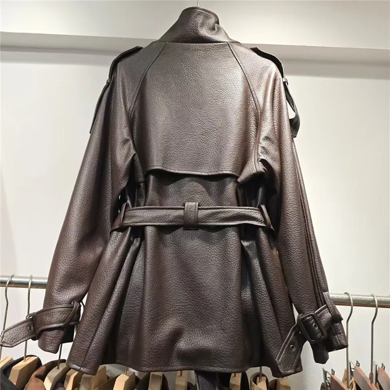 2026 New Autumn Winter Stand Collar Long Sleeve PU Leather Coat Elegant Double-breasted Women Windbreaker Faux Leather Jackets
