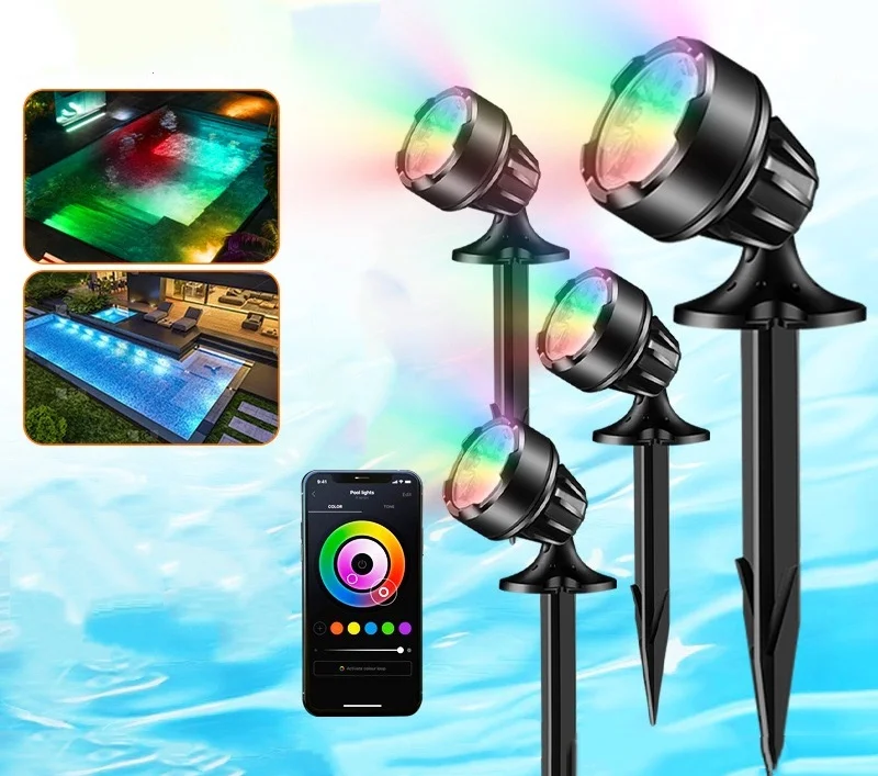 Aquarium Pond Lights Colored Fountain spot Light Underwater RGB Remote&APP control Coral reef Fish tank Spotlights w/Spike Stand