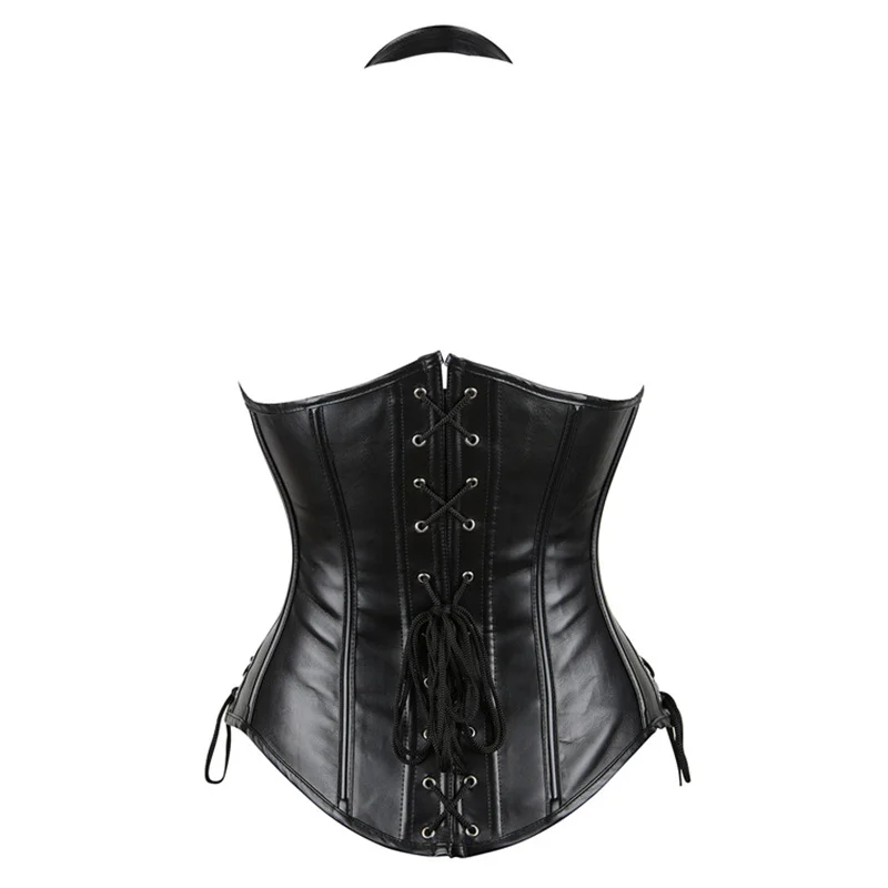 Women Gothic Corset Vest Tops Sexy PU Faux Leather Waist Trainer Halter Straps Underbust Corset Black White Coffee