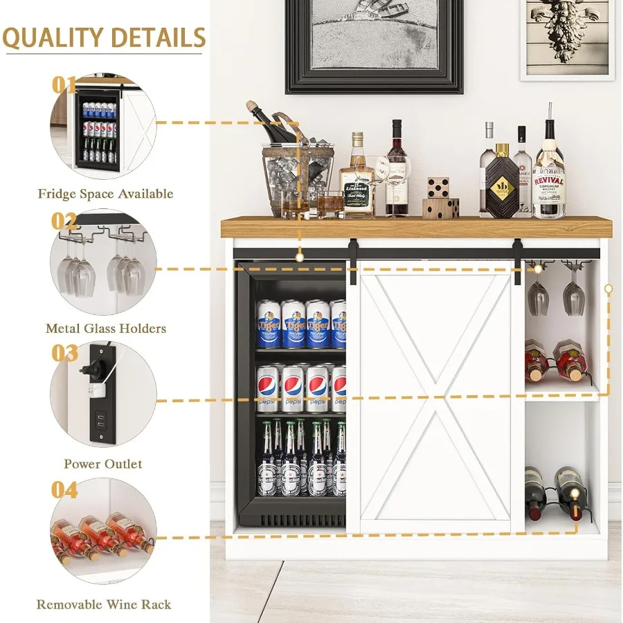 49 خزانة بار القهوة مع مساحة الثلاجة، خزانة مشروبات النبيذ الكبيرة مع رف مخرج طاقة، باب الحظيرة المنزلق المعدني الخشبي