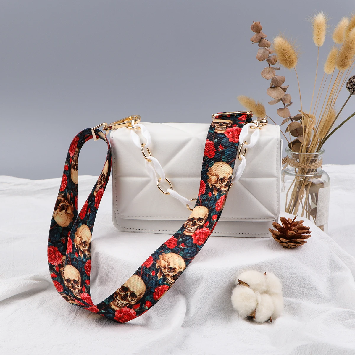 Cool Skeleton-correas cruzadas de hombro para hombre, cadena dorada con patrón de Calavera, Correa ancha ajustable, accesorios para bolsos