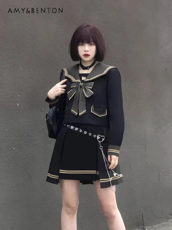 

Original Gothic Sweet Cool Jk Uniform Suit Japanese Bow Navy Collar Short-sleeved Shirt High Waist Pleated Skirt Two-piece Set