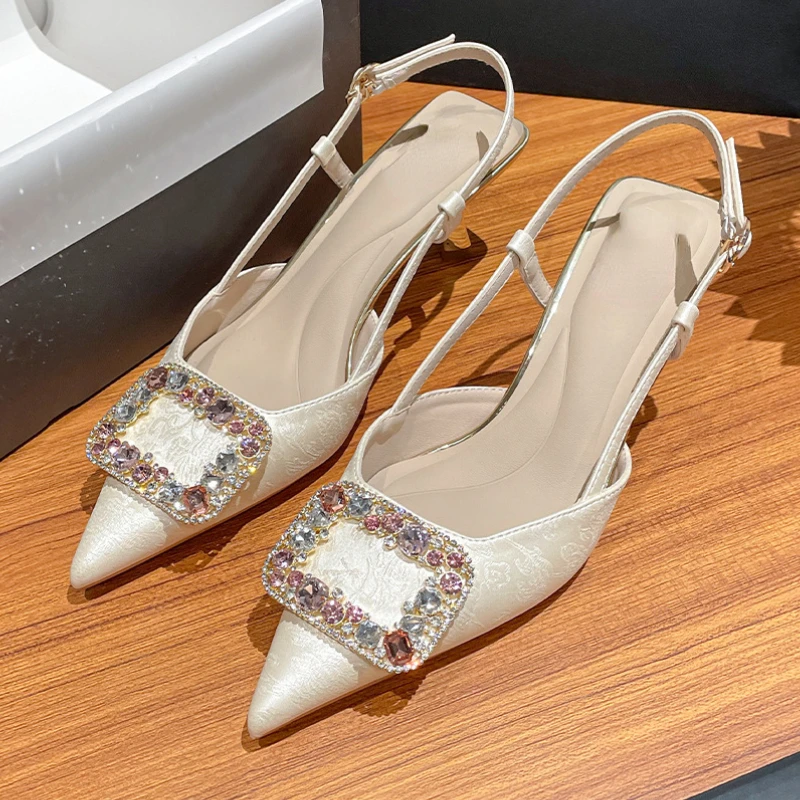 High Heeled Sandals Women Rhinestone Pointed Toe Pumps Women Sandals Satin Elegant Office Shoes New Summer Low Heel Mule Sandals