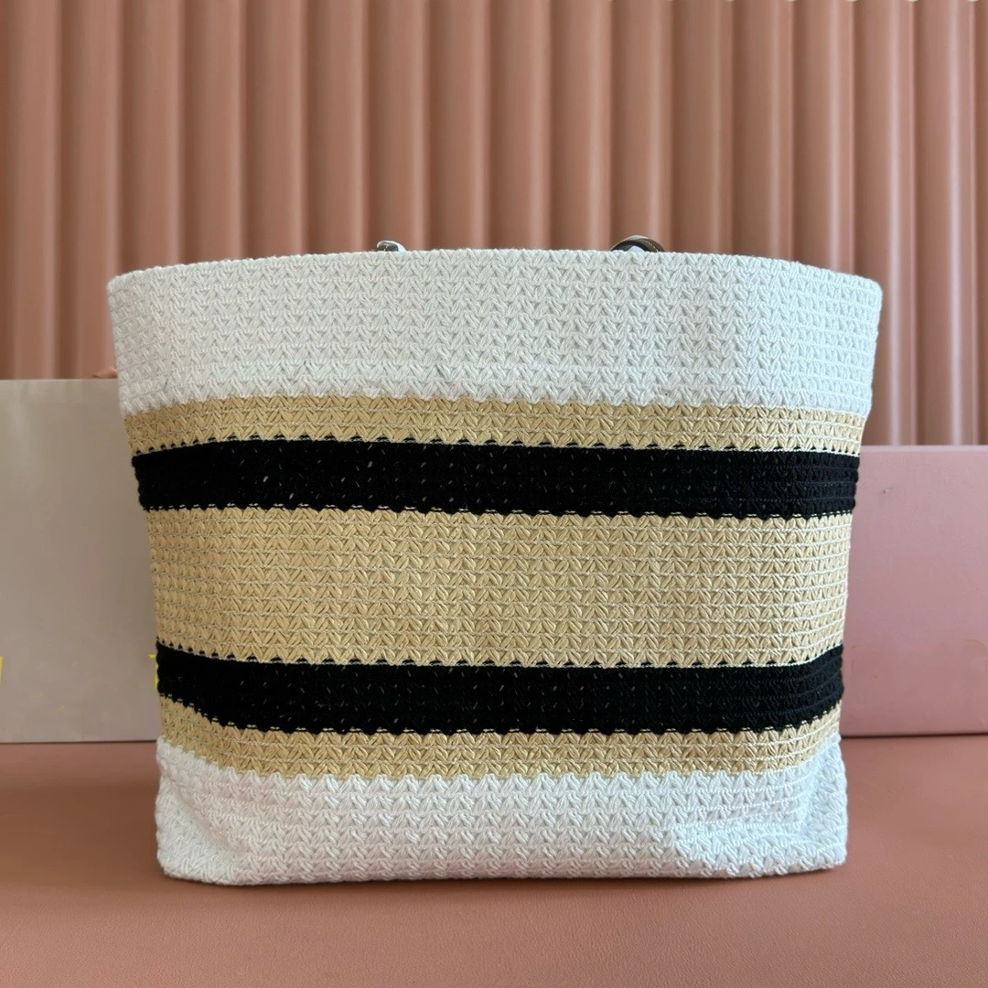 

2025 Summer New Fashion Striped Raffia Tote Bag - Large Beach Shoulder Bag for Women, Trendy Vacation Shopping Bag