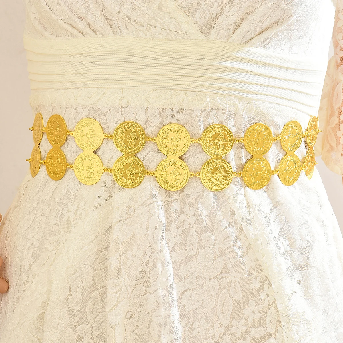 Ethnic Golden Double-Layer Coin Belt, Engraved Design For Wedding Party Festival Bride Dress Fashion Accessory