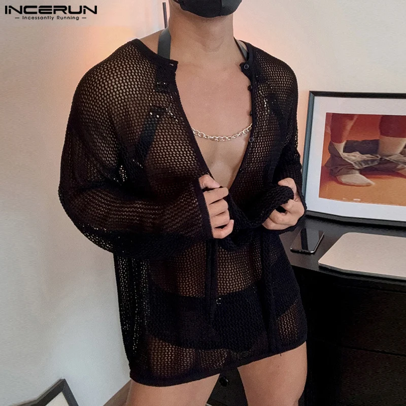 

INCERUN Men Sweater Solid V Neck Long Sleeve Hollow Out See Through Male Pullovers Streetwear Loose Fashion Casual Men Clothing