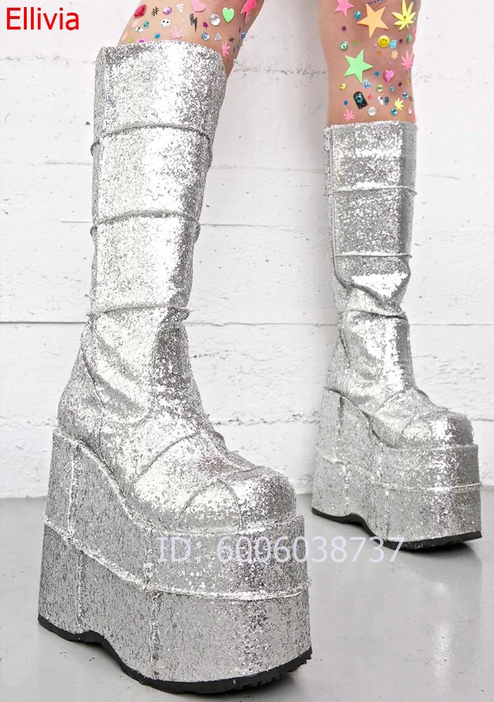 Women Silver Glitter Mid Calf Platform Wedge Boots Round Toe Side Zipper Platform Fashion Runway Stage Footwear Large Size Boots