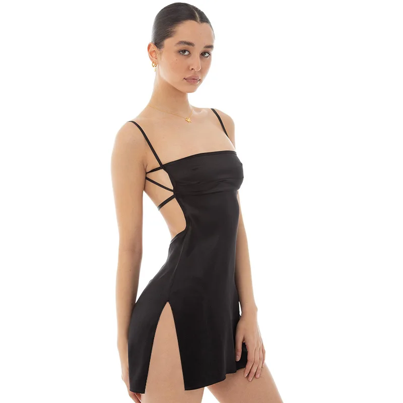 Summer Spaghetti Strap Silk Mini Dress 2024 Women's Sexy Bodycon Club Party Dresses Short Female Camisole Black Sheath Sundress