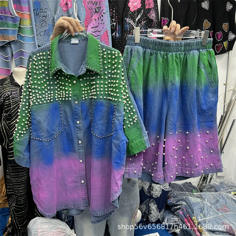 Diamonds Beaded Gradient Graffiti Denim Shirt Short Sleeved Jeans Blouses Cowboy Cardigan Tops + Elastic Waisted Shorts 2Pcs Set