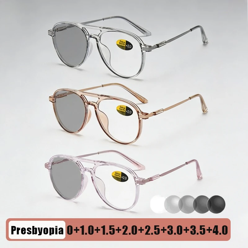 

Photochromic Reading Glasses for Men and Women Anti-Blue Light Eyewear Fashion Double-Bridge Oversized Frame Presbyopia Glasses