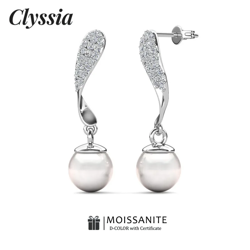 

Серьги-капли CLYSSIA с муассанитом и имитацией круглого жемчуга, ювелирные изделия из стерлингового серебра 925 пробы для женщин