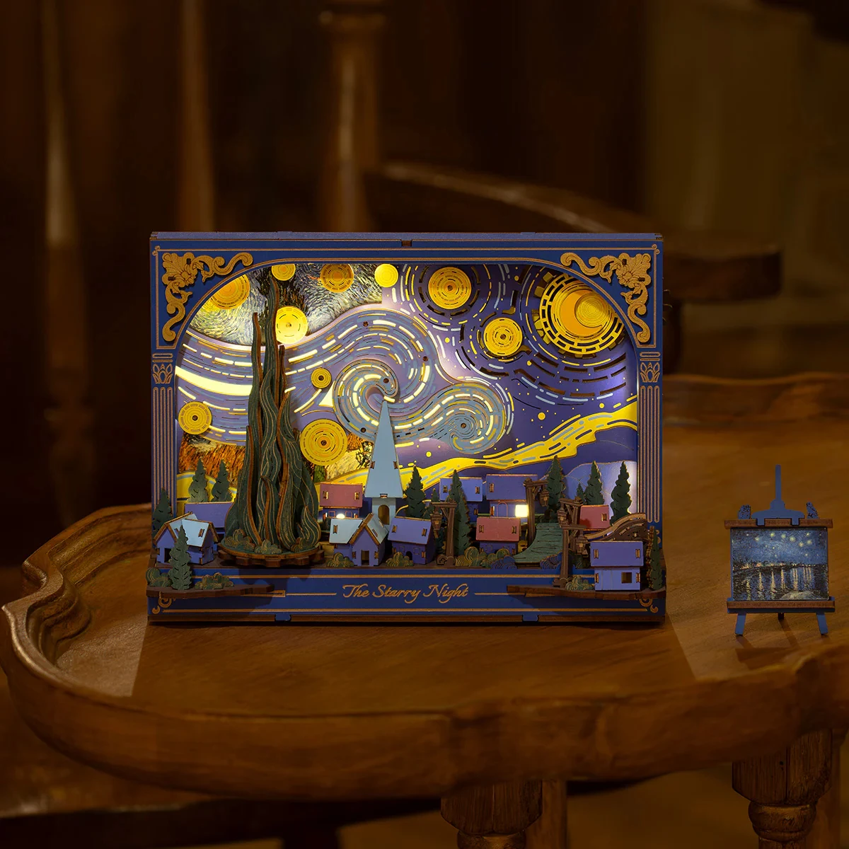 Robotime The Starry Night Wall Art Puzzle in legno 3D in movimento con ingranaggi luminosi a LED Decorazione da scrivania interattiva Regalo unico fai da te per adulti