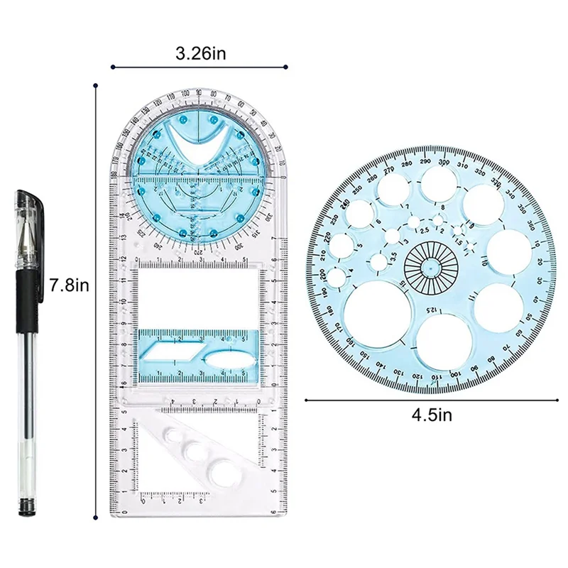 Compact 6 Pcs Multifunctional Geometric Ruler Plastic Circle Drawing Tool Drafting Templates Clear Graphic Design Tools