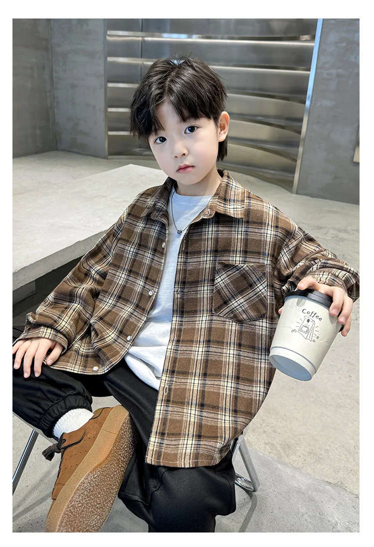 Neues Frühlings-Baumwoll-Langarmhemd für Jungen, Modische High-Street-Oberbekleidung, Oberteile für Teenager, Kariertes Streifenhemd, Alter 5-14 Jahre – Detail 39