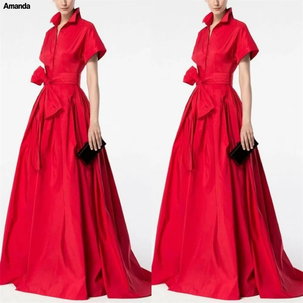 Amanda Customizd Taffeta Shirt‑style Side Bow A‑line Evening gown Prom dresses Waist Cinching Floor‑length Sophisticated dresses