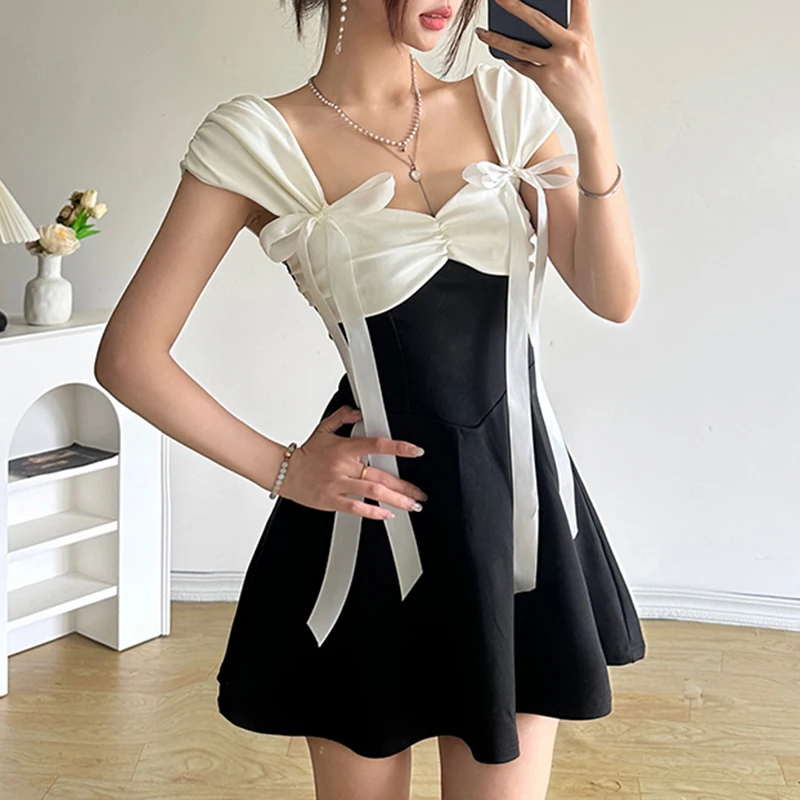 IAMHOTTY Princess Patchwork A-line Dress for Birthday Party Holiday Double Bow Decorate Sleeveless Sundress Y2K Robe Korean Cute