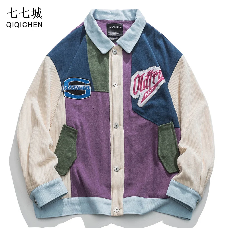 Varsity Bomber Jacket Men Vintage Japanese Patchwork Baseball Coat Unisex Letter Embroidery Autumn Loose Jackets Color Block