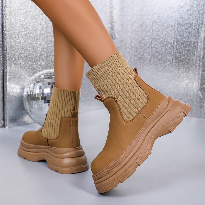 

Retro Style Stretch Knit Sock Boots for Women Autumn and Winter Thick-Soled Casual Easy-to-Match Slip-On High-Heel Ankle Boots