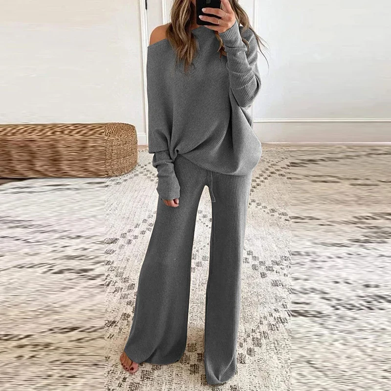 Casual Women Solid Color Elegant Two Piece Sets Winter Elegant O-Neck Pullover Tops and Loose Pants Suits Female Rib Streetwear