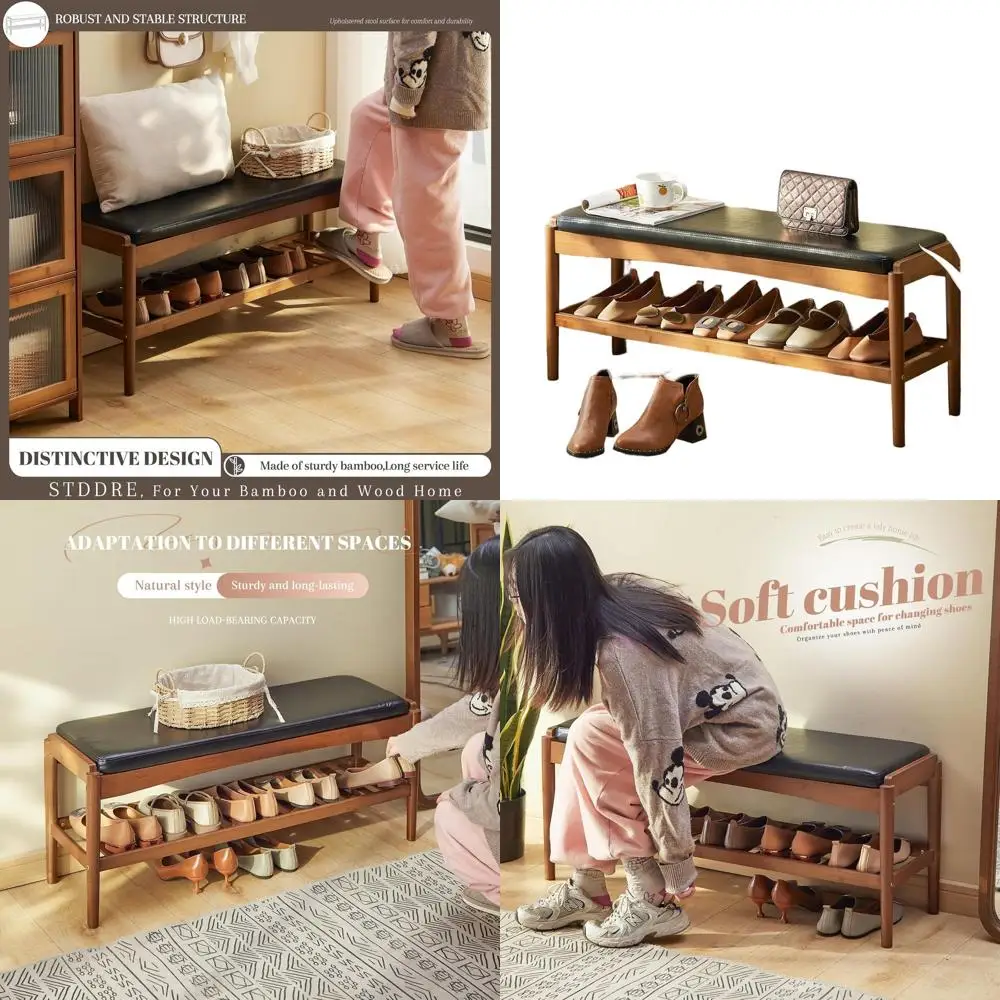 

Bamboo 2-Tier Shoe Storage Bench with Leather Cushion for Entryway, Hallway, Living Room, and Bedroom (Black Top, Brown Cushion)
