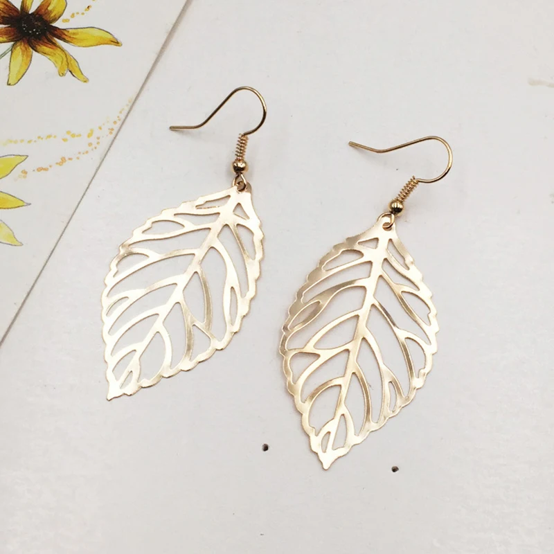 Brief Hollow Out Leaves Drop Earrings for Women Vintage Silver Golden Color Dangle Earrings Hook Jewelry Trendy Ear Accessories