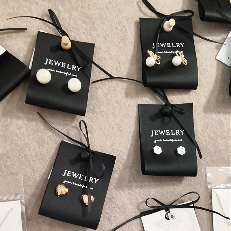 50PCS Jewelry Display Hang Tags Fabric Cards With Black Ribbon Earrings Necklaces Packaging Holder Card DIY Jewelry Packaging