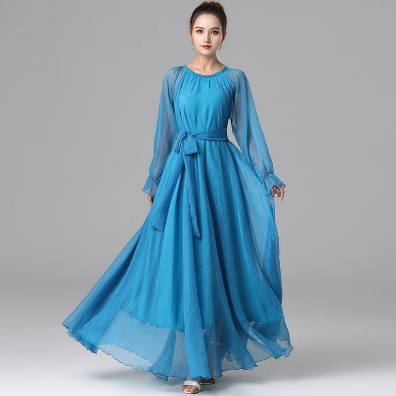 Silky Sheer Holiday Travel Party Dress Abaya Women Kaftan Vestidos Elegant Chiffon Long Sleeve Muslim Arab Islamic Clothing Robe