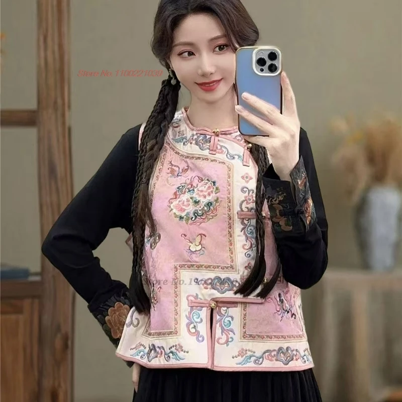 2024 national vintage gilet retro satin jacquard loose vest national flower embroidery hanfu tops sleeveless jacket ethnic vest