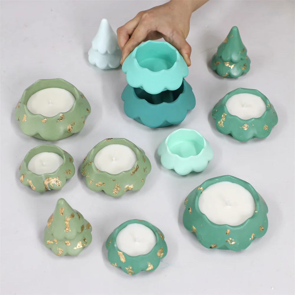 Blooming Stacking Christmas Tree Candle Jar Silicone Molds for Concrete Jesmonite Cement DIY Christmas Craft Gifts