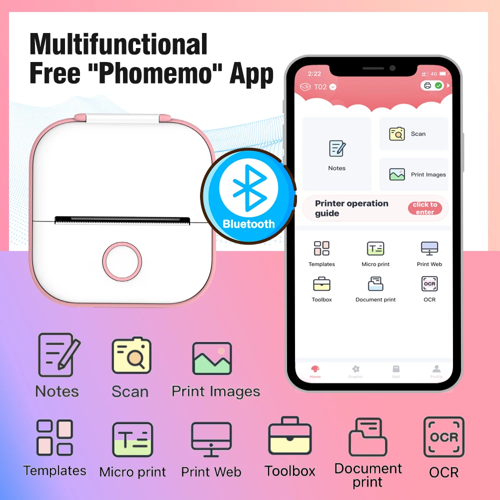 Phomemo T02 Mini Portable Thermal Printer Wireless BT Pocket Label Printer Connect 203dpi 53mm Printing