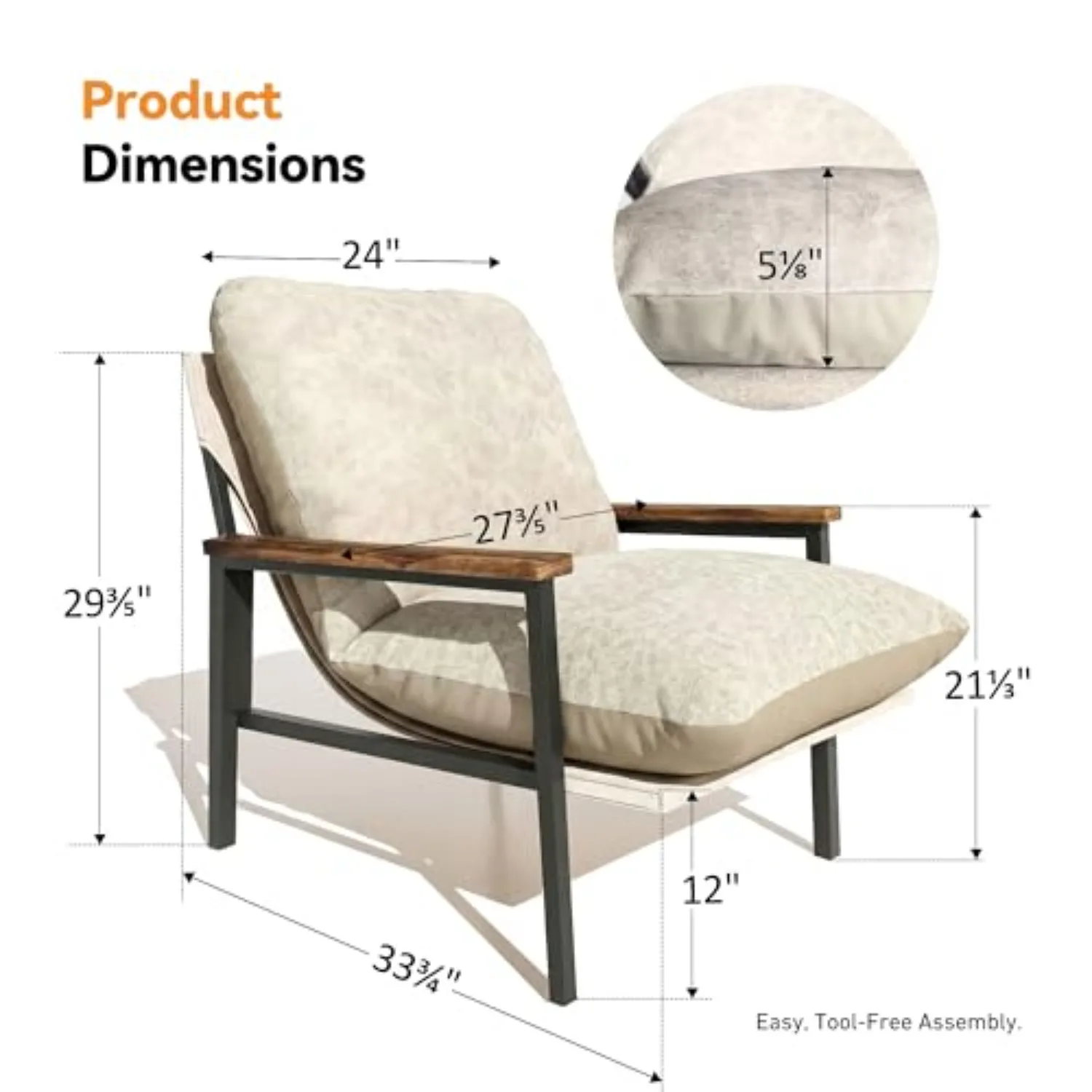 Cloud Accent Chair, Dual-Sided Cushion Accent Chair for Living Room with Acacia Wood Armrests & Sturdy Metal Frame