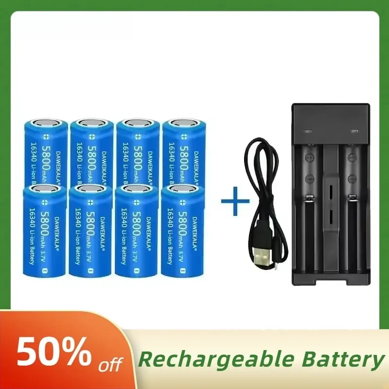3.7V 5800mAh 16340 Rechargeable Lithium Ions Battery with Wall Charger Is Suitable for CR123A 123A CR17345 LED Flashlight
