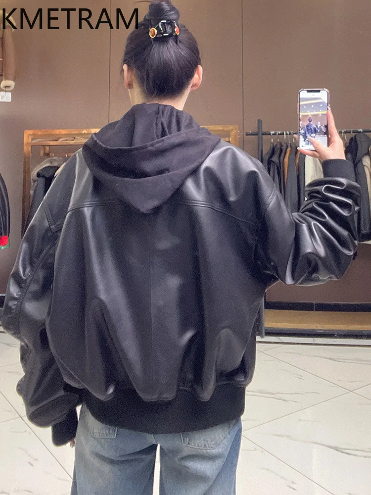 100 % Oberschicht-Schaffelljacke für Damen, schwarz, lockere Echtlederjacken mit Kapuze, neu in Oberbekleidung, Herbstkleidung, 2025 Diegoка