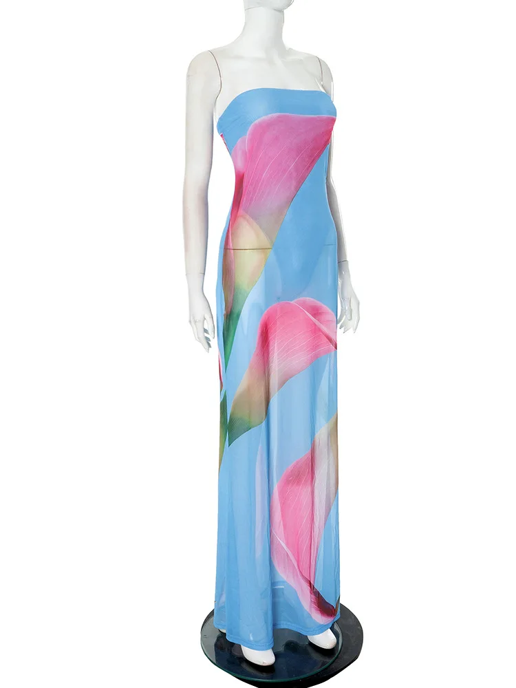 SKMY เสื้อผ้าผู้หญิง 2025 ใหม่แฟชั่นดอกไม้พิมพ์ชีฟองปลอม 2 ชิ้น Bodycuist ชุดราตรียาวชุดปาร์ตี้ Clubwear