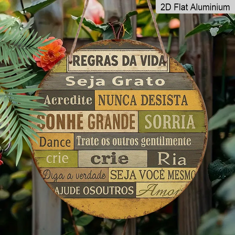 2D Flat - A 2D Flat Circular Portuguese Aluminum Sign Measuring 7.87X7.87 inch - Vintage Inspirational Wall Art Featuring