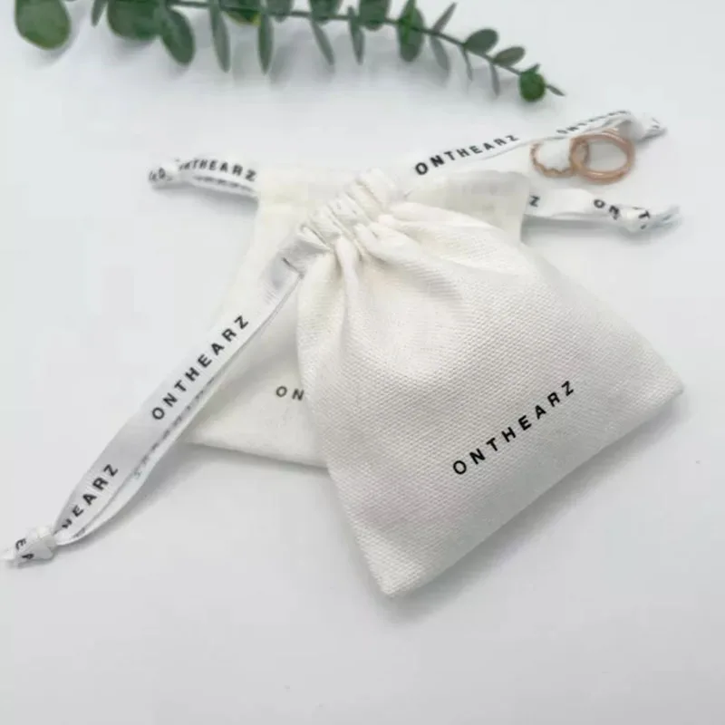 

Custom Logo Ribbon Cotton Gift Bags 8x10cm 9x12cm 10x15cm Watch Perfume Makeup Jewelry Muslin Packaging Pouches