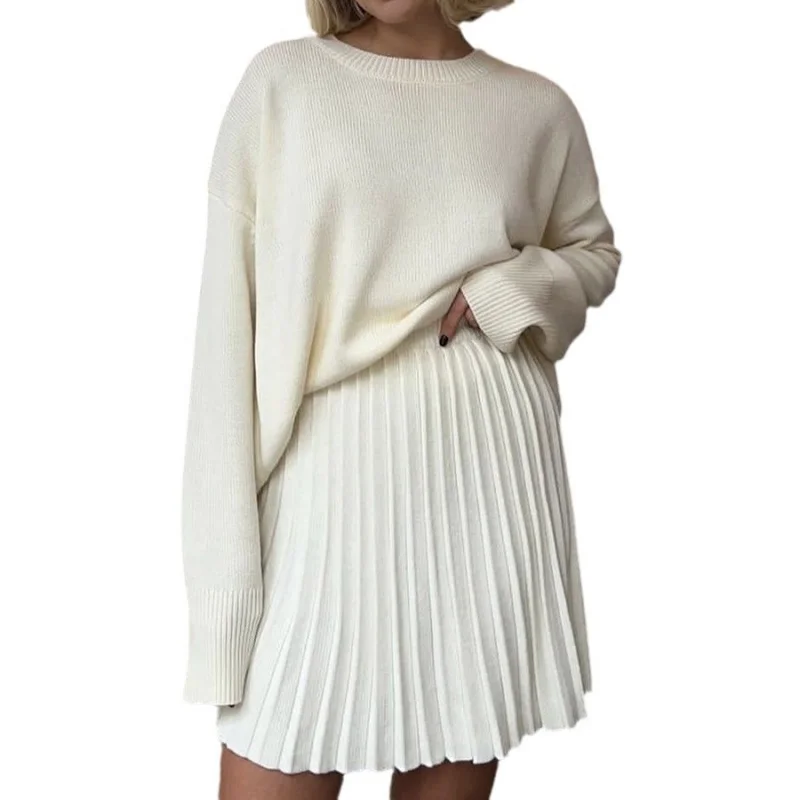 

Round Neck Sweater Pleated Women New European and American Style Knitted Short Skirt Set