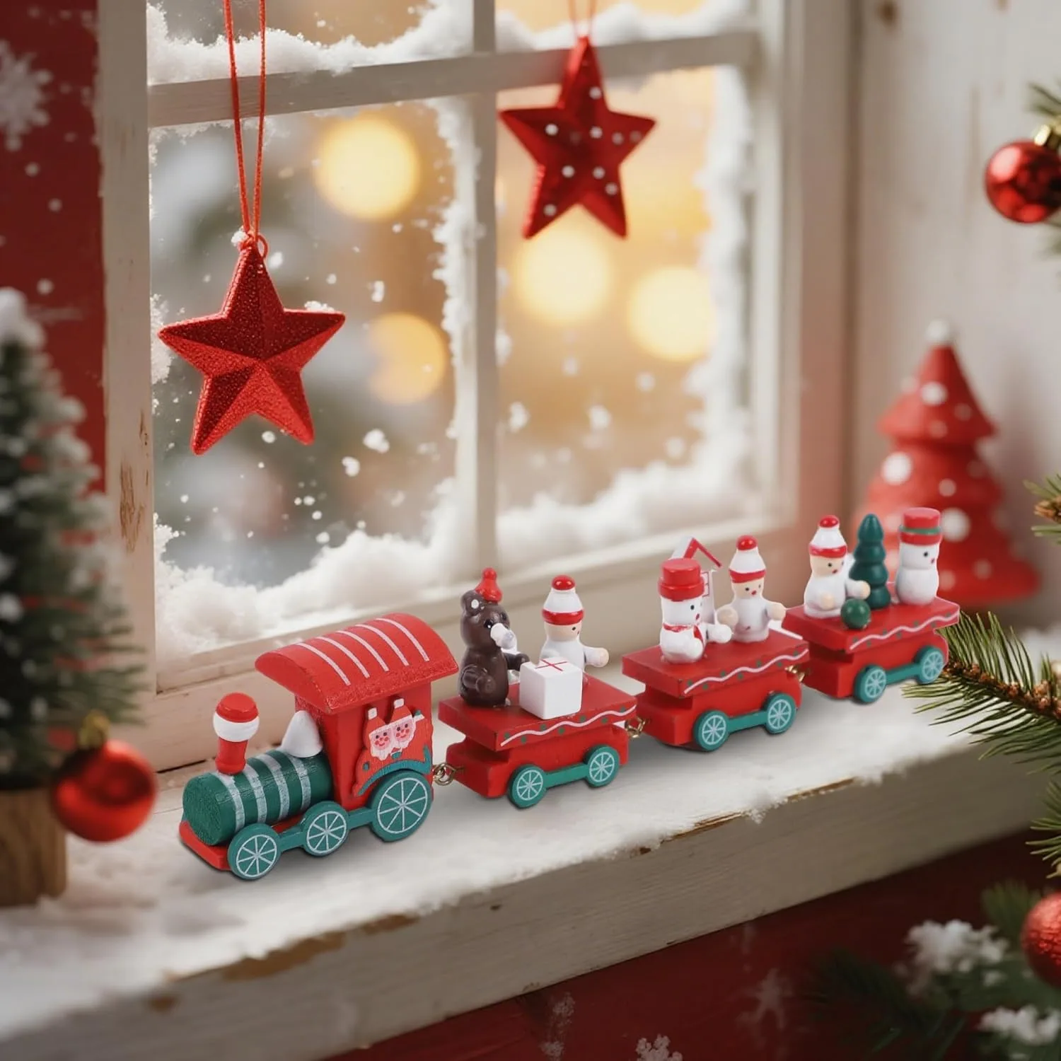 Wooden Train Christmas Decorations with Gingerbread Snowman Christmas Tree Figurine Mini Train Decor for Home Table Xmas Gifts