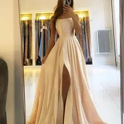 FATAPAESE-Robe de Bal en Satin IQUE dex, Longue et Simple, Fente Latérale, Ligne A