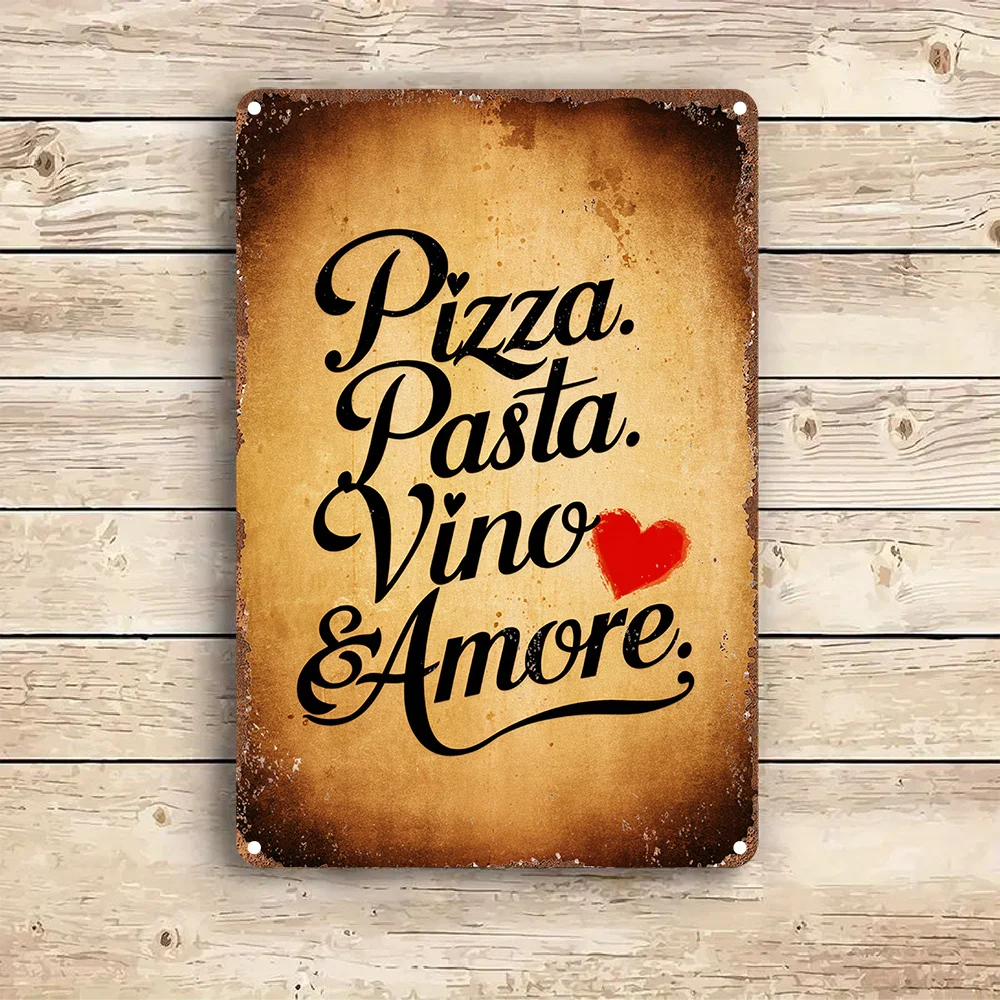 Letrero Decorativo Vintage Quadrato Ferro para Pizza, Pasta y Vino, Arte Retro de Comida Italiana para Pared de Cocina, Restaurante o Bar