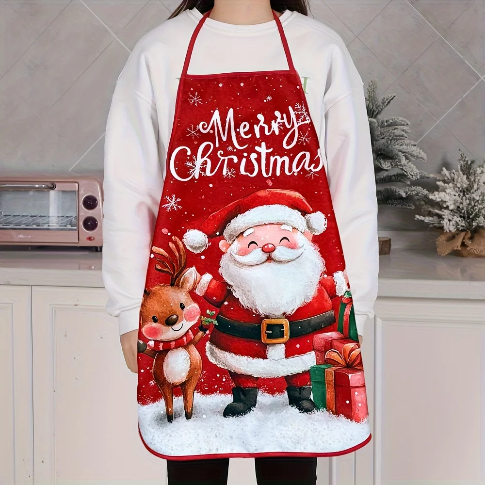1pc, Christmas Apron, Cartoon Santa Reindeer Pattern Design - Home Holiday Decor Apron, Chef Waiter BBQ Barber Adult Apron, Bar