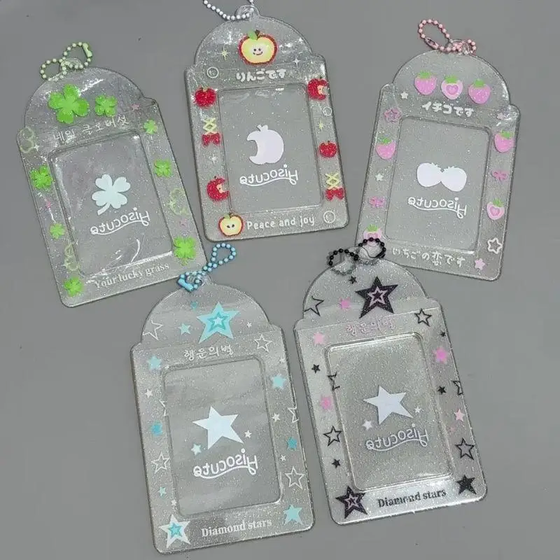 

Transparent Glitter Card Sleeve Keychain Photocard Holder Bag Charm INS Cute Cartoon Star Apple Photo Card Holder Bag Pendant