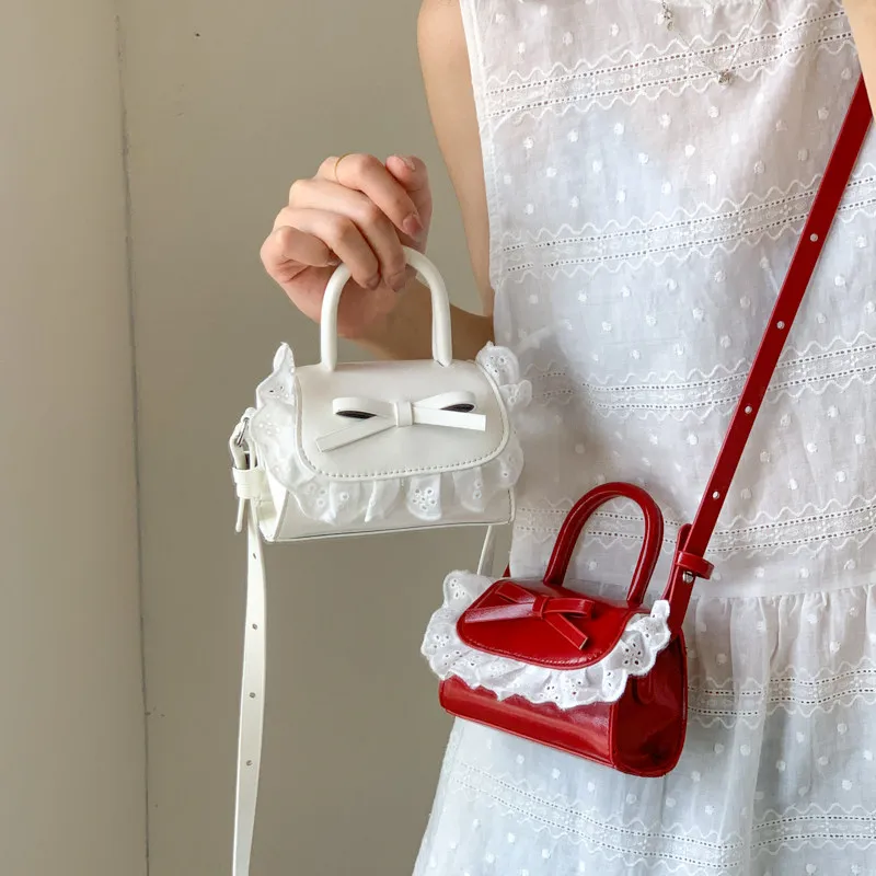French Sweet Small Cake Lolita Cute Girl Red Mini Bag Minimalist Lace Ruffle Elegant Cute Exquisite Fashionable Pu Crossbody Bag