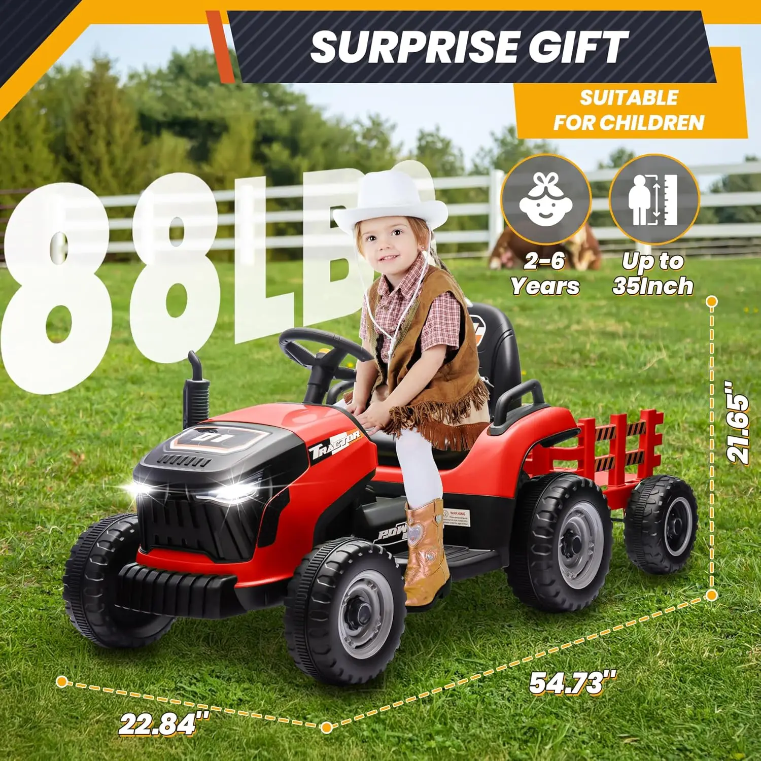 기울일 수 있고 분리 가능한 트레일러가 있는 24V 7Ah 탑승형 트랙터, 400W 모터가 장착된 Anrli 어린이 전기 자동차 트랙터, 조절 가능한 시트, Re