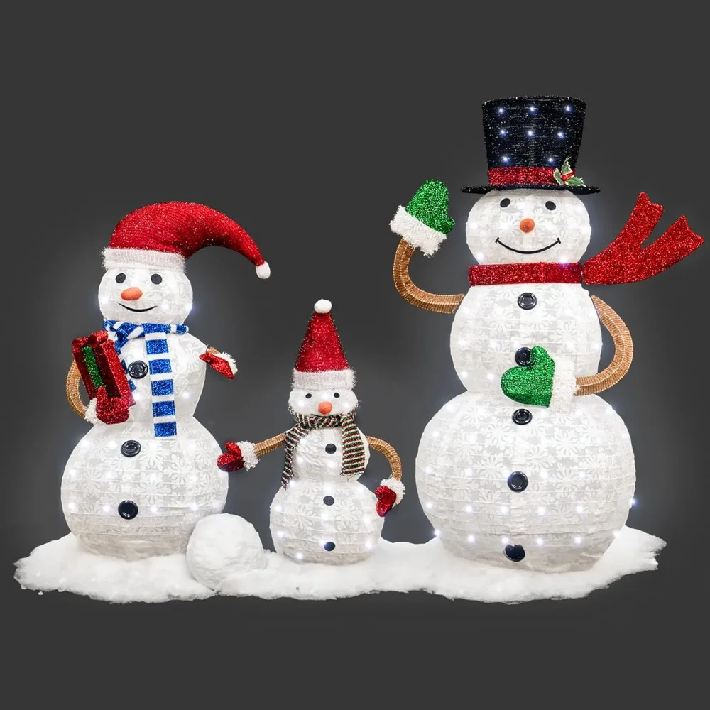 3-Piece Pre-lit Christmas Snowman Family, Twinkle Light Up Glowing Snowmen with White String Lights, Lighted Glitter Snowma